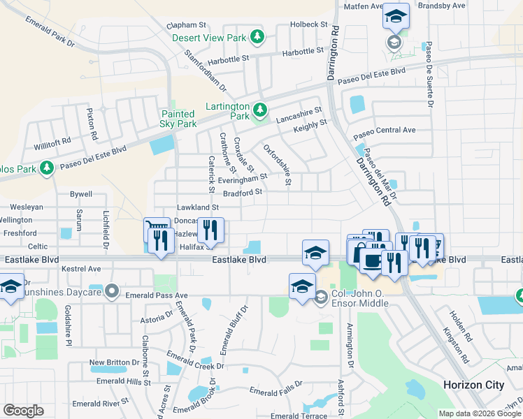 map of restaurants, bars, coffee shops, grocery stores, and more near 13574 Bradford Street in Horizon City