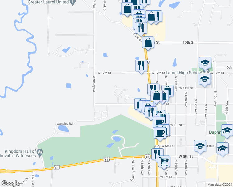 map of restaurants, bars, coffee shops, grocery stores, and more near West Hill Drive in Laurel