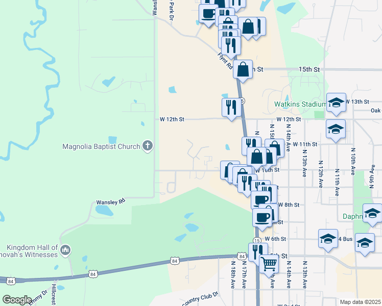 map of restaurants, bars, coffee shops, grocery stores, and more near West Hill Drive in Laurel