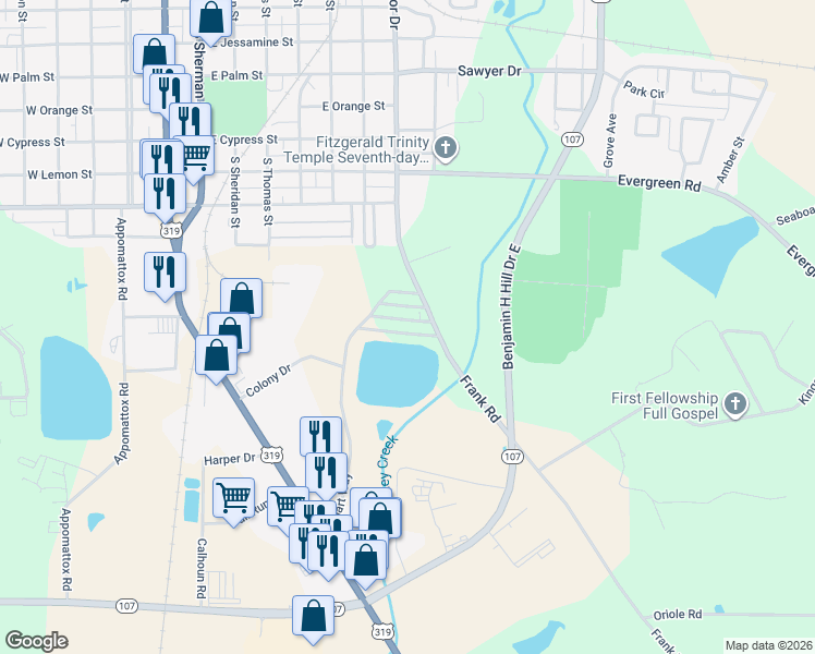 map of restaurants, bars, coffee shops, grocery stores, and more near 132 Pierce Circle in Fitzgerald