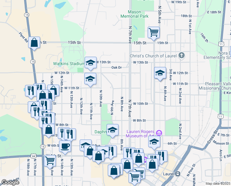 map of restaurants, bars, coffee shops, grocery stores, and more near 1104 North 8th Avenue in Laurel