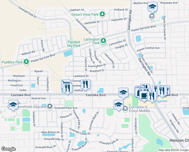 map of restaurants, bars, coffee shops, grocery stores, and more near 13550 Bradford Street in El Paso