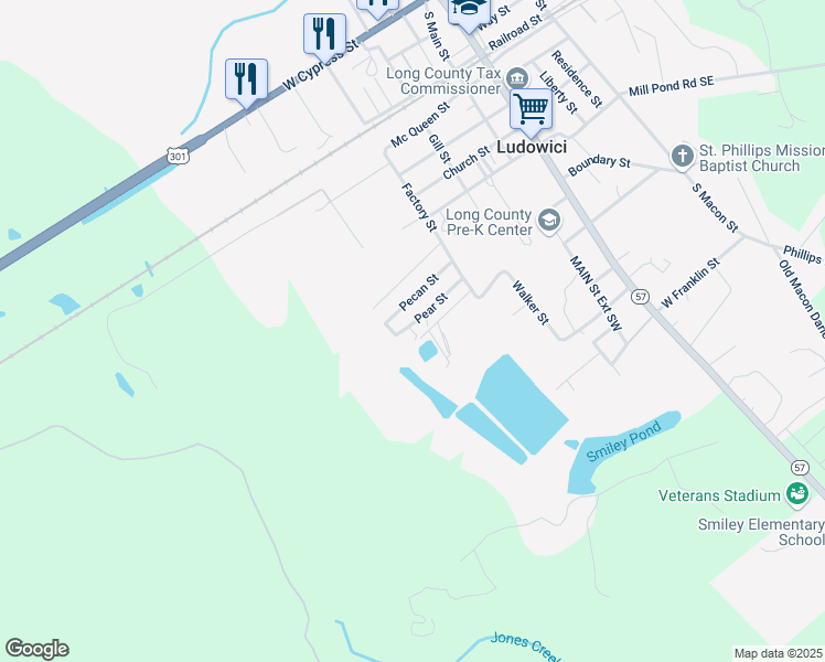 map of restaurants, bars, coffee shops, grocery stores, and more near 16 Pear Street in Ludowici