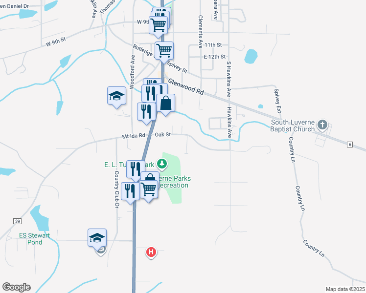 map of restaurants, bars, coffee shops, grocery stores, and more near 38 South Pointe Drive in Luverne
