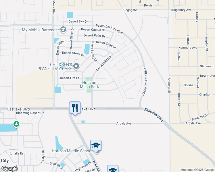 map of restaurants, bars, coffee shops, grocery stores, and more near 14345 Desert Shadow Drive in Horizon City