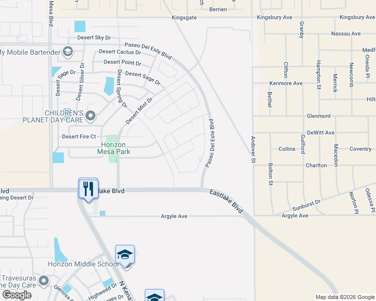 map of restaurants, bars, coffee shops, grocery stores, and more near Paseo Del Este Boulevard in Horizon City