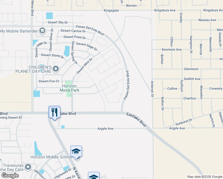 map of restaurants, bars, coffee shops, grocery stores, and more near 633 Desert Spring Drive in Horizon City