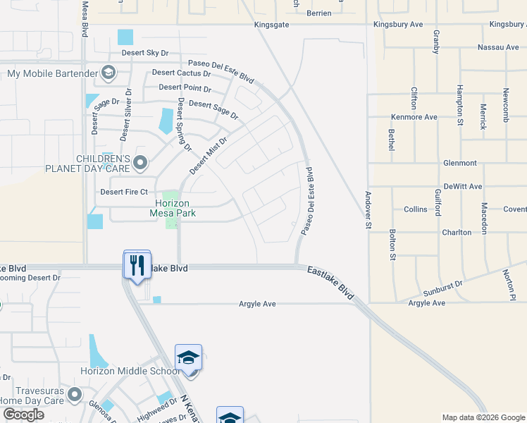 map of restaurants, bars, coffee shops, grocery stores, and more near 633 Desert Spring Drive in Horizon City