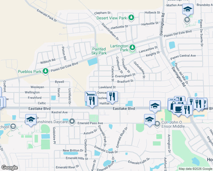 map of restaurants, bars, coffee shops, grocery stores, and more near 13510 Bradford Street in Horizon City