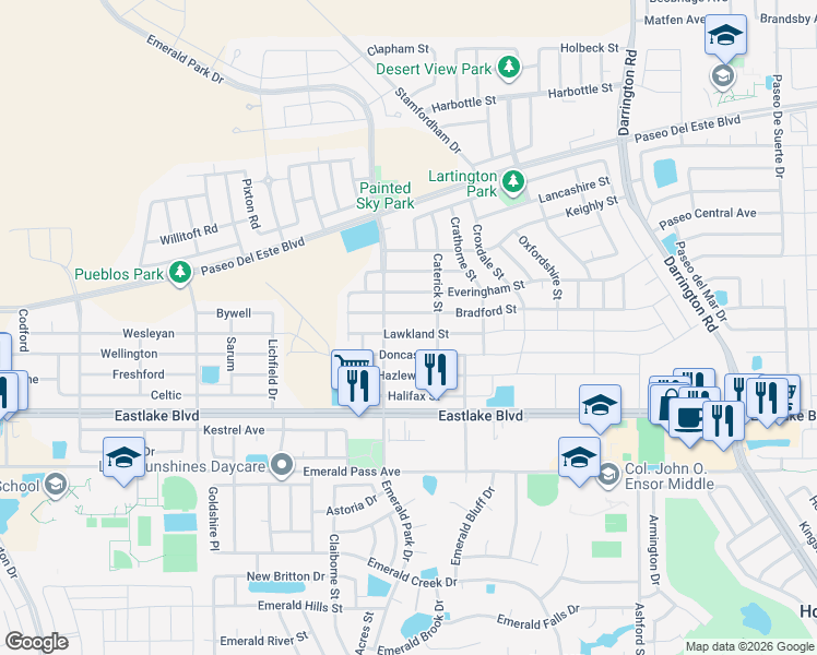 map of restaurants, bars, coffee shops, grocery stores, and more near 13510 Bradford Street in Horizon City