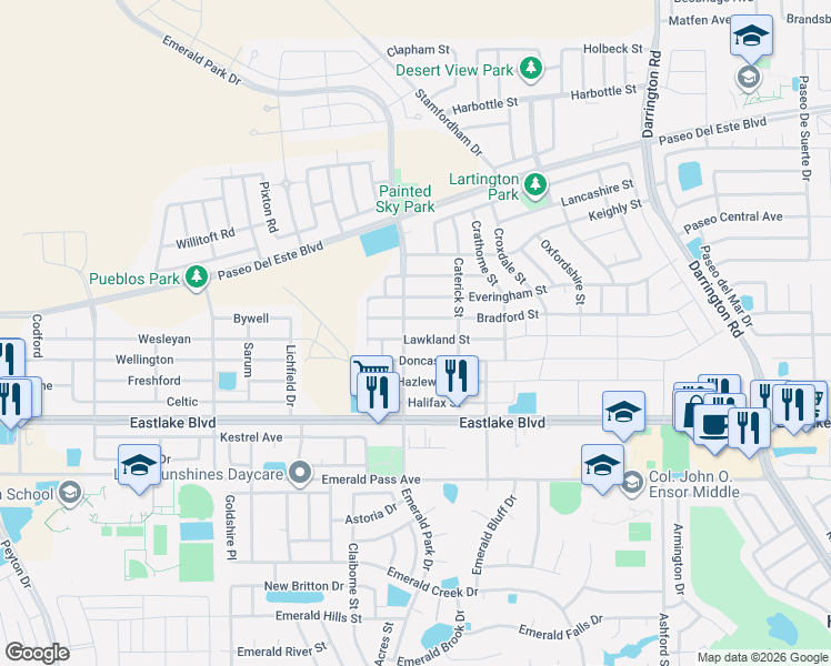 map of restaurants, bars, coffee shops, grocery stores, and more near 13470 Bradford Street in El Paso