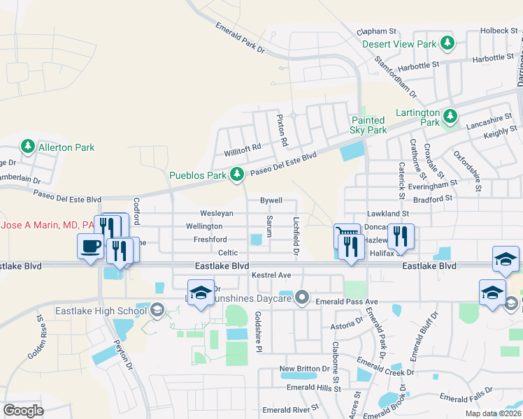 map of restaurants, bars, coffee shops, grocery stores, and more near 13216 Bywell in El Paso