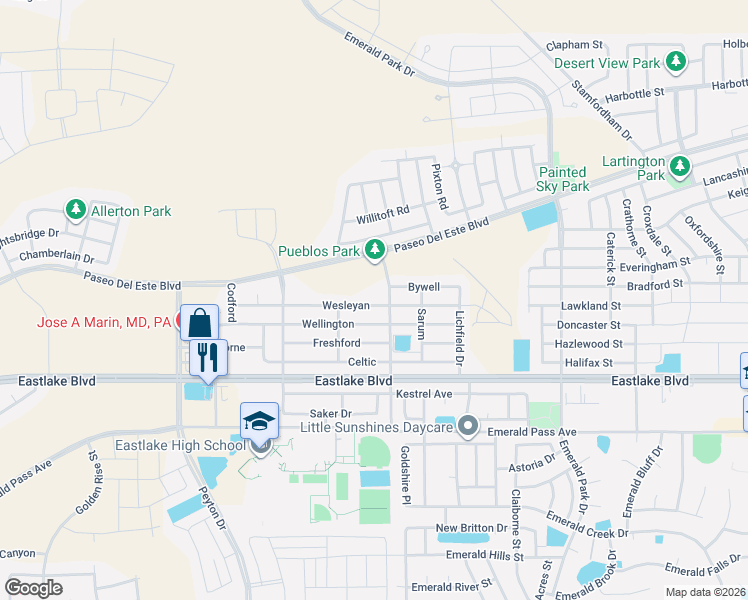 map of restaurants, bars, coffee shops, grocery stores, and more near 13200 Bywell in El Paso