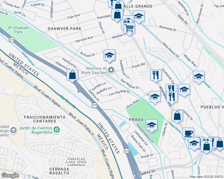 map of restaurants, bars, coffee shops, grocery stores, and more near 301 Rodulfo Lane in El Paso
