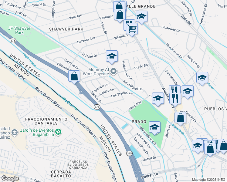 map of restaurants, bars, coffee shops, grocery stores, and more near 301 Rodulfo Lane in El Paso