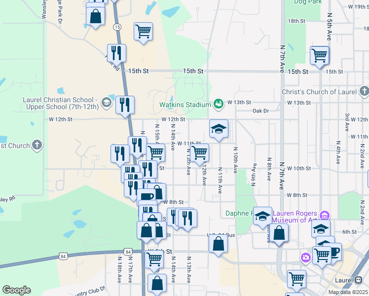 map of restaurants, bars, coffee shops, grocery stores, and more near 1301-1399 West 11th Street in Laurel