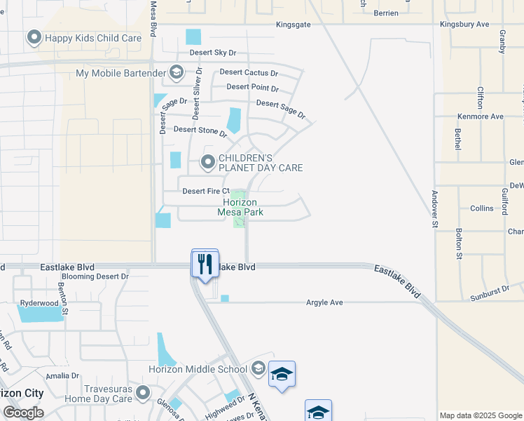 map of restaurants, bars, coffee shops, grocery stores, and more near 14309 Desert Shadow Drive in Horizon City