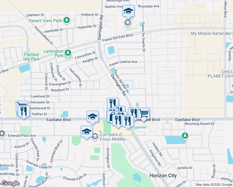 map of restaurants, bars, coffee shops, grocery stores, and more near 625 Paseo del Mar Drive in Horizon City