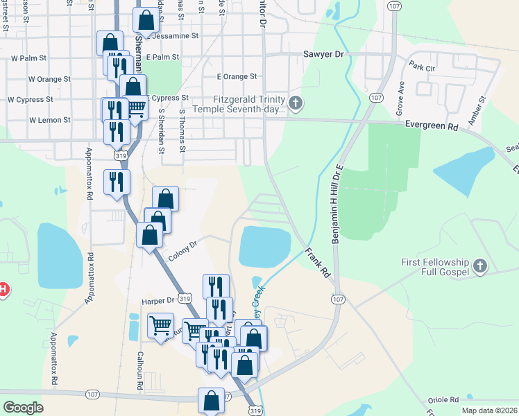 map of restaurants, bars, coffee shops, grocery stores, and more near 132 Pierce Circle in Fitzgerald
