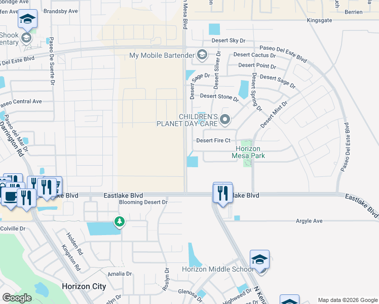 map of restaurants, bars, coffee shops, grocery stores, and more near 677 Desert Sage Drive in Horizon City