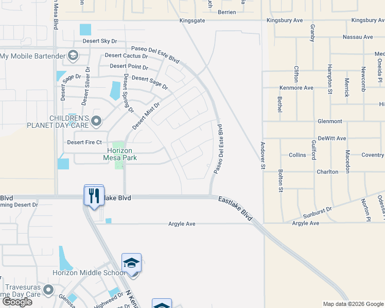 map of restaurants, bars, coffee shops, grocery stores, and more near 633 Desert Spring Drive in Horizon City