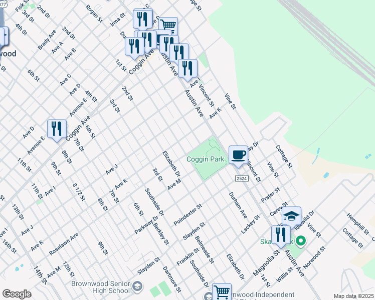map of restaurants, bars, coffee shops, grocery stores, and more near 1107 Roselawn Avenue in Brownwood
