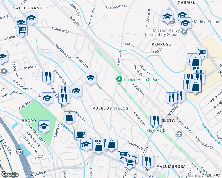 map of restaurants, bars, coffee shops, grocery stores, and more near 100 Manuel Drive in El Paso