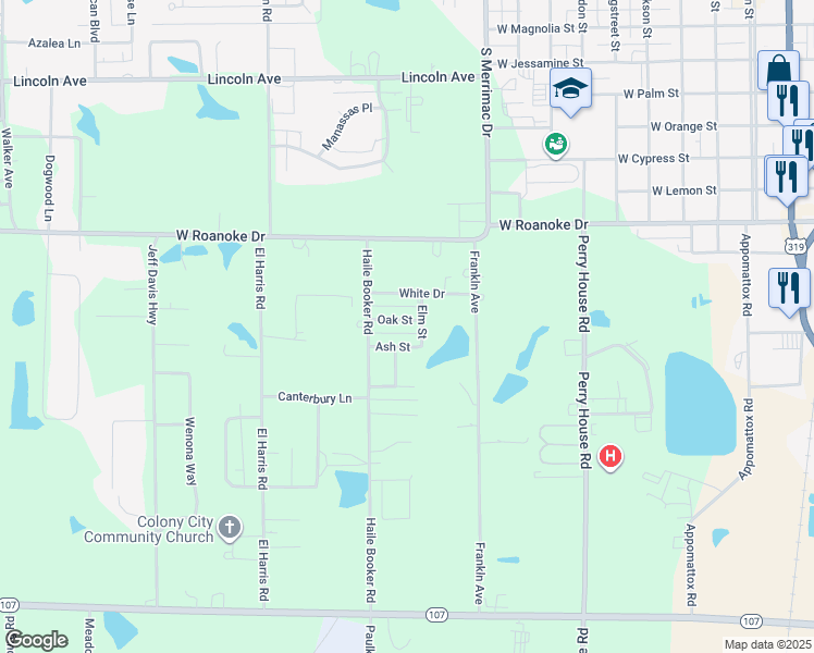 map of restaurants, bars, coffee shops, grocery stores, and more near 115 Oak Street in Fitzgerald