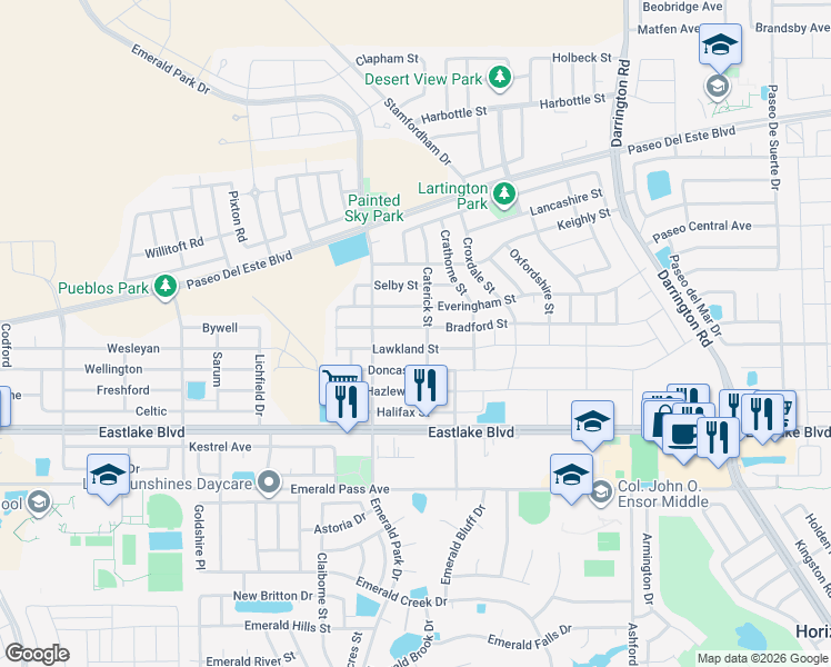map of restaurants, bars, coffee shops, grocery stores, and more near 13510 Bradford Street in Horizon City