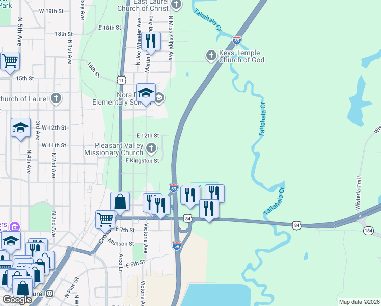 map of restaurants, bars, coffee shops, grocery stores, and more near Interstate 59 in Laurel