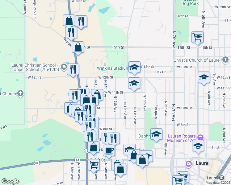 map of restaurants, bars, coffee shops, grocery stores, and more near 1301 West 11th Street in Laurel