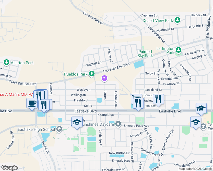 map of restaurants, bars, coffee shops, grocery stores, and more near 13216 Bywell in El Paso