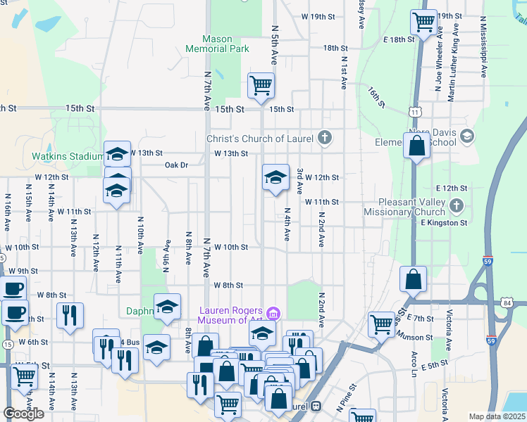 map of restaurants, bars, coffee shops, grocery stores, and more near 1125 North 5th Avenue in Laurel