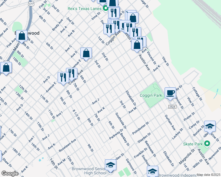map of restaurants, bars, coffee shops, grocery stores, and more near 1717 3rd Street in Brownwood
