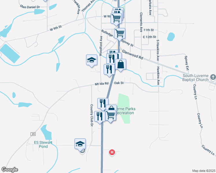 map of restaurants, bars, coffee shops, grocery stores, and more near 962 Forest Avenue in Luverne