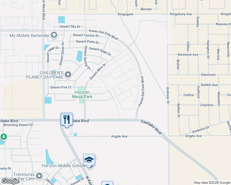 map of restaurants, bars, coffee shops, grocery stores, and more near 633 Desert Spring Drive in Horizon City
