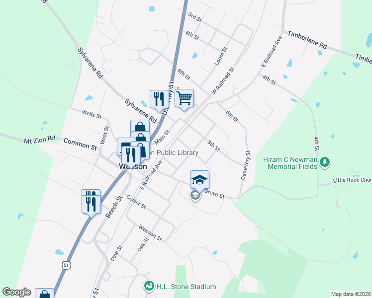 map of restaurants, bars, coffee shops, grocery stores, and more near 1008 9th Street in Wesson