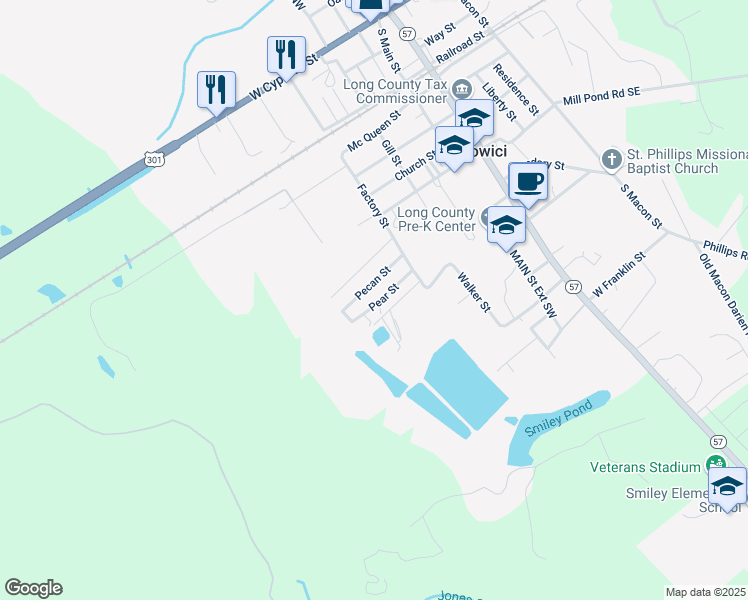 map of restaurants, bars, coffee shops, grocery stores, and more near 16 Pear Street in Ludowici
