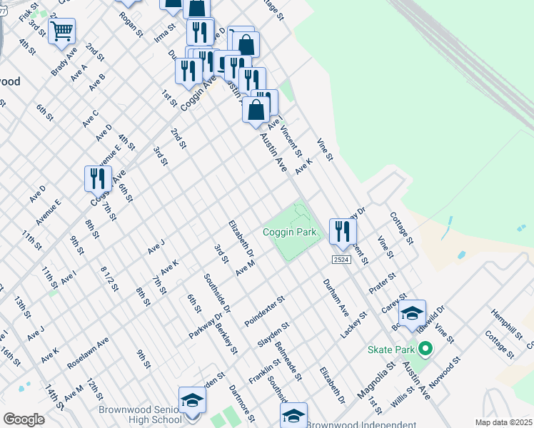 map of restaurants, bars, coffee shops, grocery stores, and more near 1107 Roselawn Avenue in Brownwood