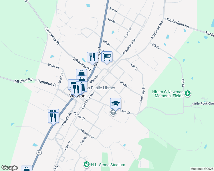 map of restaurants, bars, coffee shops, grocery stores, and more near 1008 9th Street in Wesson