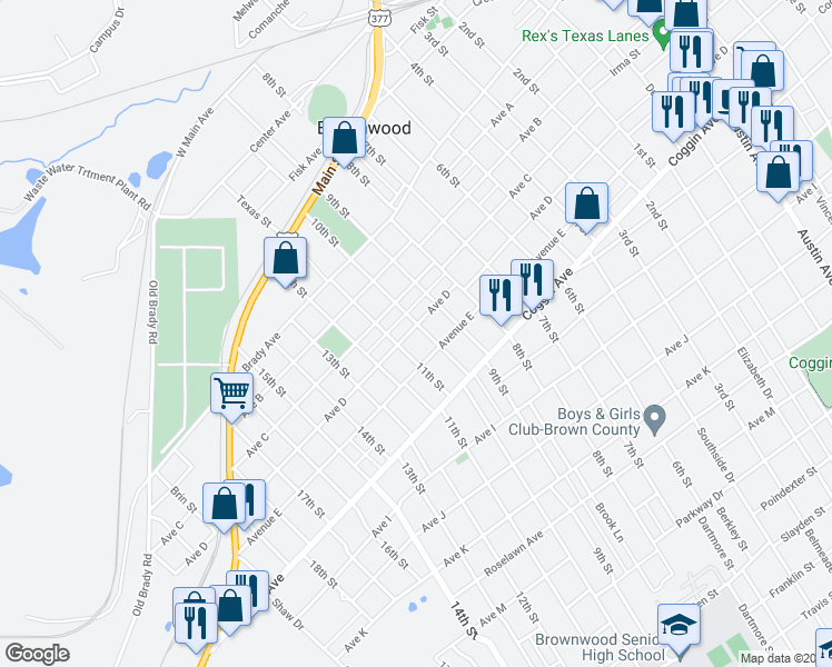 map of restaurants, bars, coffee shops, grocery stores, and more near 2202 Avenue D in Brownwood