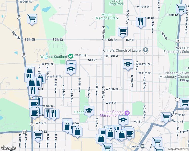 map of restaurants, bars, coffee shops, grocery stores, and more near 1104 North 8th Avenue in Laurel