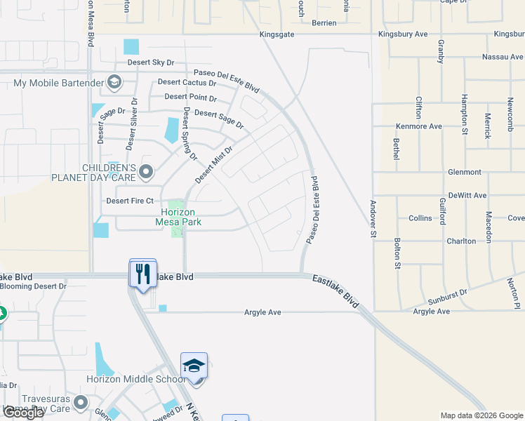 map of restaurants, bars, coffee shops, grocery stores, and more near 633 Desert Spring Drive in Horizon City