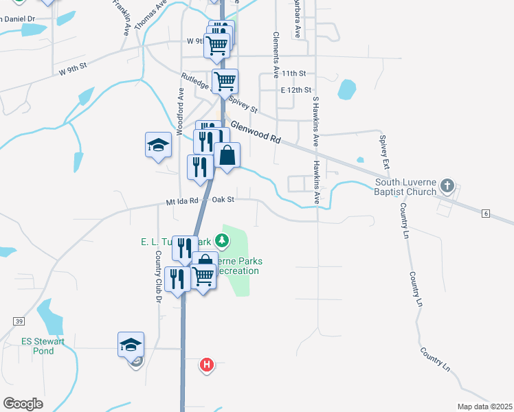 map of restaurants, bars, coffee shops, grocery stores, and more near 38 South Pointe Drive in Luverne