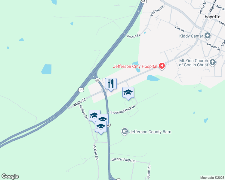 map of restaurants, bars, coffee shops, grocery stores, and more near 392 Main Street in Fayette