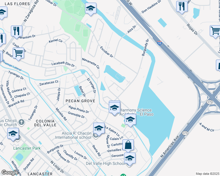map of restaurants, bars, coffee shops, grocery stores, and more near 9377 Richardson Drive in El Paso