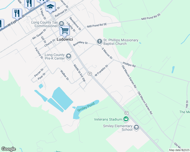 map of restaurants, bars, coffee shops, grocery stores, and more near 819 South McDonald Street in Ludowici