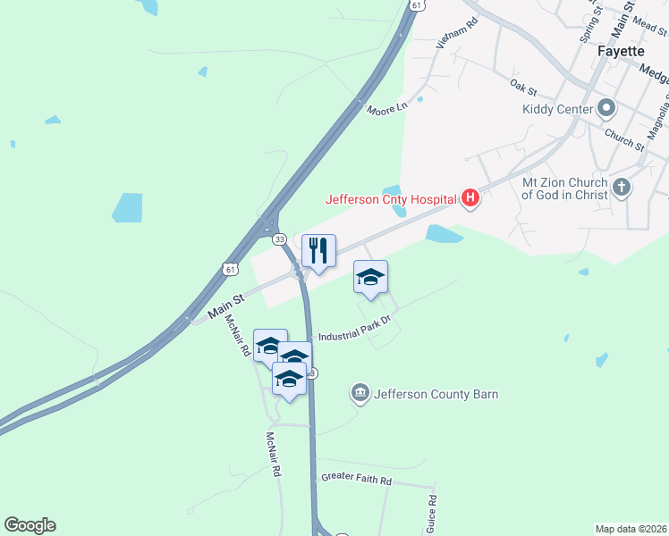 map of restaurants, bars, coffee shops, grocery stores, and more near 392 Main Street in Fayette