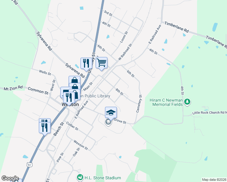 map of restaurants, bars, coffee shops, grocery stores, and more near 1048 Cotton Street in Wesson