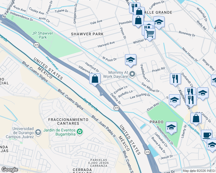 map of restaurants, bars, coffee shops, grocery stores, and more near 8511 Hipolito Lane in El Paso